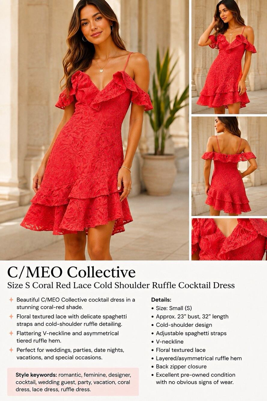 C/MEO Collective Coral Red Floral Lace Cold Shoulder Ruffle V-Neck Dress S